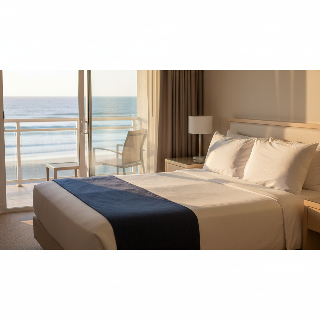 A luxury beachfront hotel suite bedroom, just prepared for guests, captured in high-resolution photographic realism. The bed is made with crisp white linens pulled perfectly tight, a subtle navy runner aligned dead center, and pillows arranged with precise symmetry. The pale wood nightstands are spotless, their surfaces reflecting a hint of light without any clutter. A sliding glass door opens to a balcony with a soft-focus view of waves and a clear horizon. Golden hour sunlight floods the room, creating a warm, inviting glow and gentle shadows that emphasize the smooth, dust-free surfaces. Shot from the doorway at an eye-level angle, the composition uses the bed as the central anchor, evoking a sense of pristine hospitality property care along the coast.