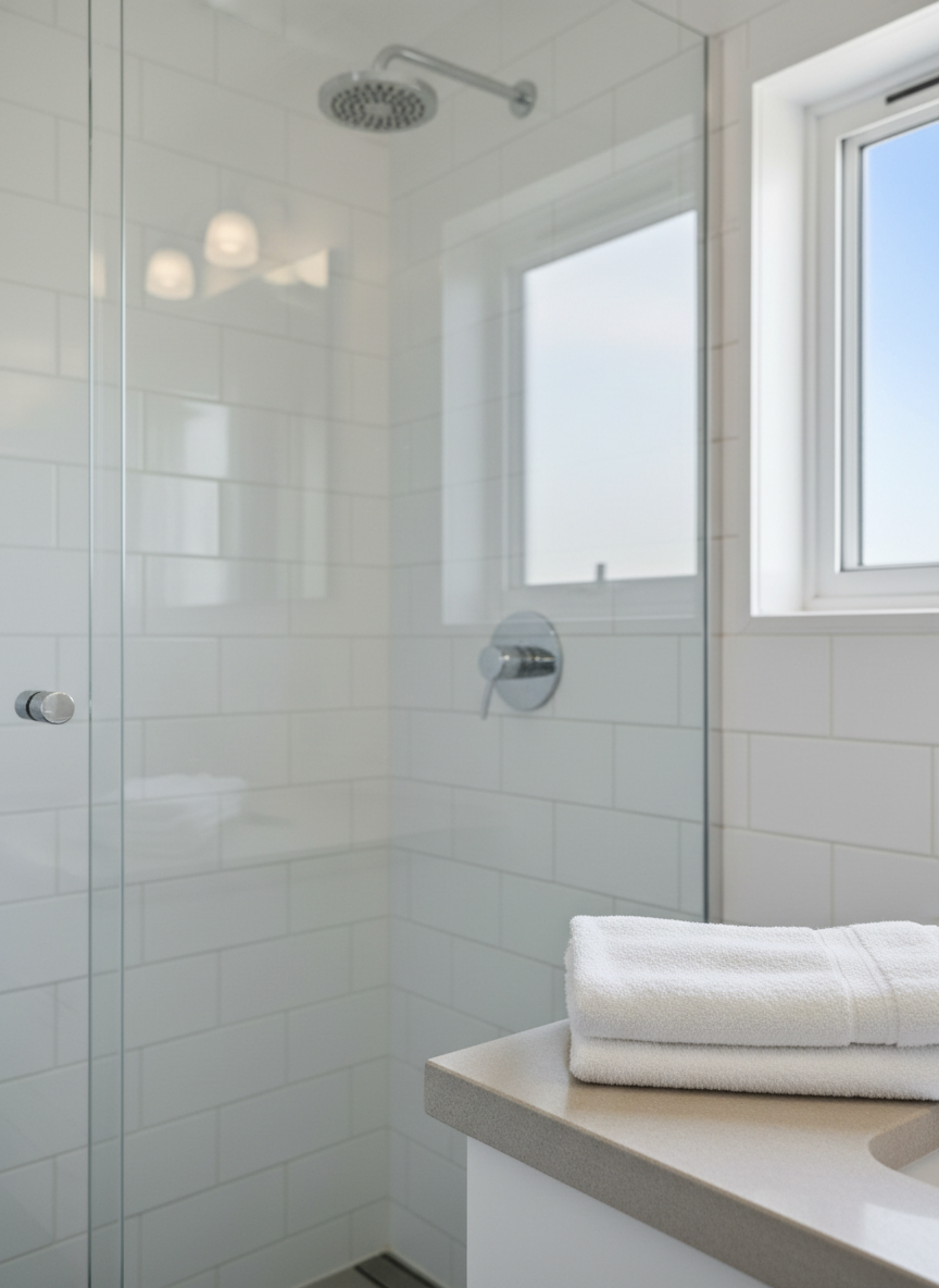 A close-up, photographic shot of a pristine bathroom in an upscale coastal rental property, focusing on details that show meticulous care. A frameless glass shower enclosure is crystal clear without water spots, meeting a flawlessly clean white subway tile wall with bright, even grout lines. The polished chrome shower fixtures gleam, catching soft overhead lighting that creates crisp highlights. A stone vanity top is bare except for a neatly folded white hand towel, its texture sharp and inviting. In the blurred background, a small frosted window suggests daylight and a hint of blue sky. Shot at a slight angle with shallow depth of field, the mood is hygienic, fresh, and trustworthy, underscoring high standards of property cleanliness near the ocean.