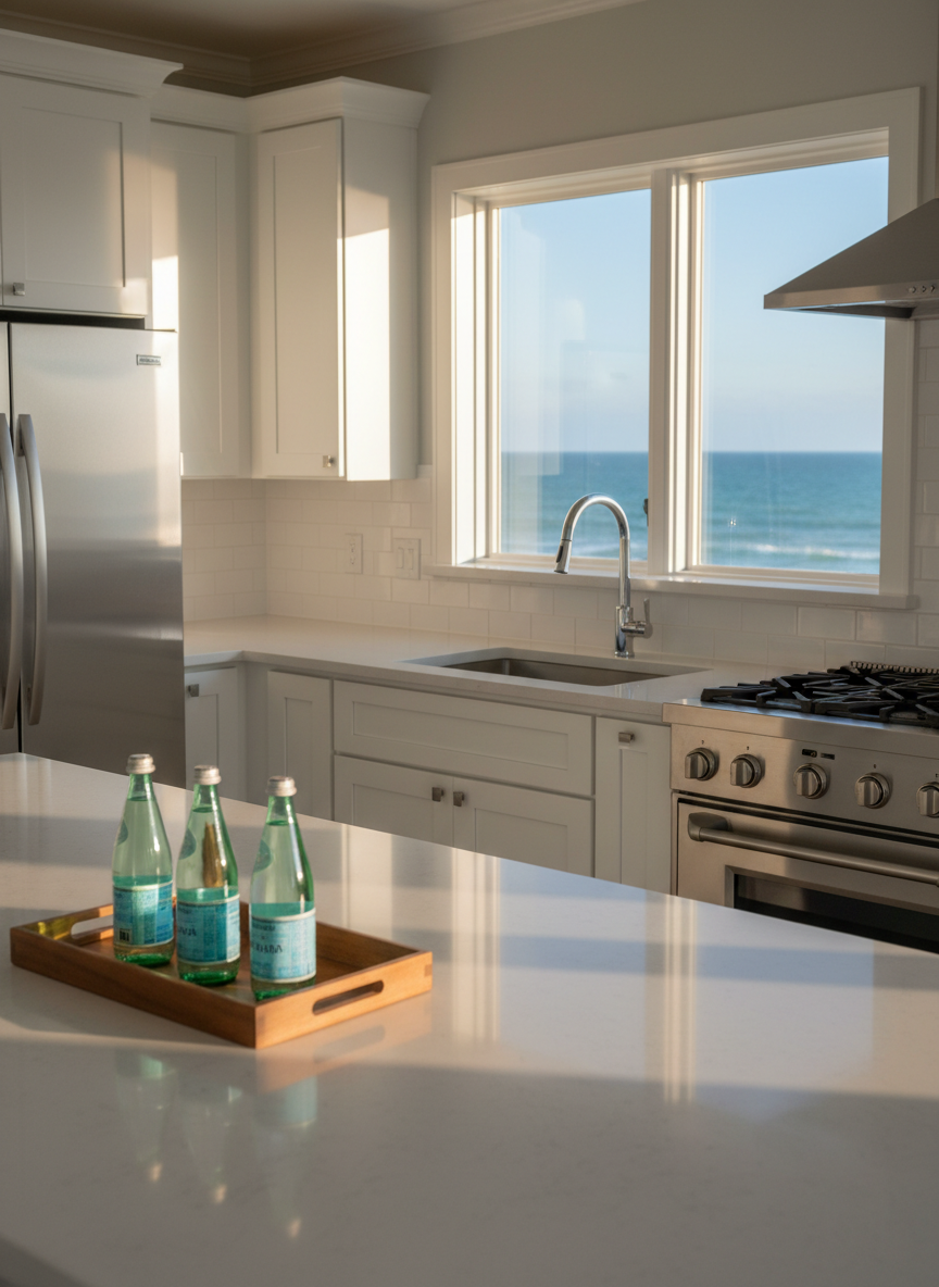 A high-end coastal vacation rental kitchen, perfectly maintained, showcased in realistic photographic style. Stainless steel appliances gleam without fingerprints, white shaker cabinets appear freshly wiped, and a light gray quartz countertop is completely clear except for a single, neatly arranged tray with glass bottles of sparkling water. A large window above the sink frames a blurred view of turquoise ocean and a bright, cloudless sky. Late afternoon sunlight pours in, casting soft, warm highlights on the chrome faucet and tiled backsplash, with gentle shadows that emphasize depth and cleanliness. Shot at counter height with a slightly wide lens, the composition highlights the organized, clutter-free work surfaces and spotless sink basin, evoking trust, hygiene, and professional property care for hospitality spaces.