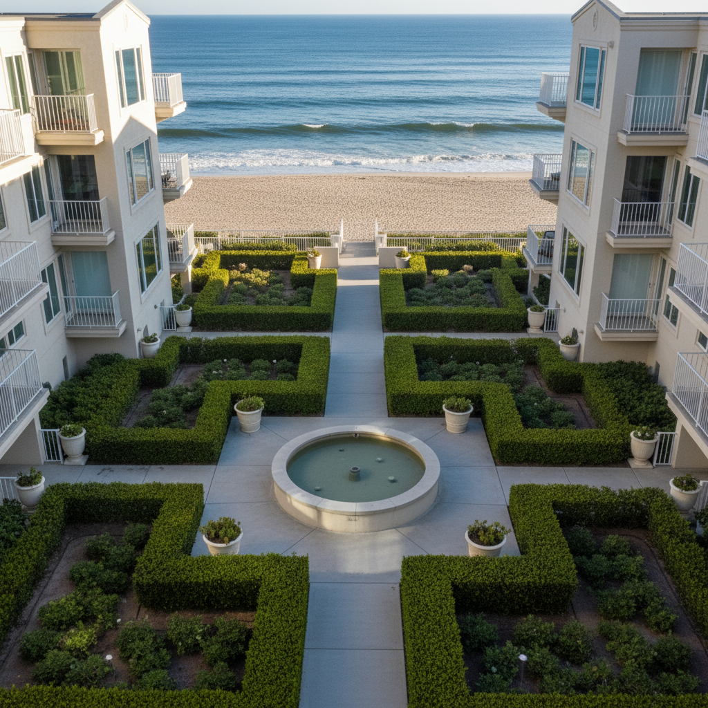 An aerial, photographic view of a small coastal apartment complex courtyard, freshly serviced by a property care team, with no people visible. Neatly trimmed hedges form precise geometric borders around spotless concrete walkways, and a central water feature has crystal-clear water without debris. The surrounding building exteriors show clean, salt-free windows and well-maintained, light-colored façades. In the distance, a strip of deep blue ocean and a pale sandy beach hint at the seaside location. Early morning light creates long, soft shadows from planters and railings, highlighting the order and symmetry of the space. The mood is calm and controlled, with sharp focus throughout, conveying comprehensive exterior maintenance and attention to detail in a coastal environment.