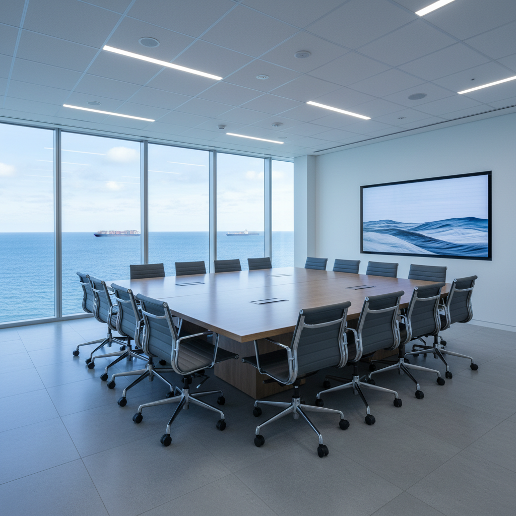 A meticulously maintained coastal office conference room, rendered in clean photographic style. A long, matte-finish wooden table stretches through the center, completely free of cables, papers, or smudges. Modern ergonomic chairs are perfectly aligned, their metal bases polished and dust-free. Floor-to-ceiling windows on one side reveal a slightly blurred view of the ocean and distant ships. Cool, diffused daylight fills the room, complemented by subtle, even ceiling lighting that eliminates harsh shadows. Captured from a corner at a wide angle, the composition emphasizes orderliness and symmetry, with sharp focus on every edge and surface. The atmosphere is professional and efficient, highlighting reliable commercial property care for coastal businesses.