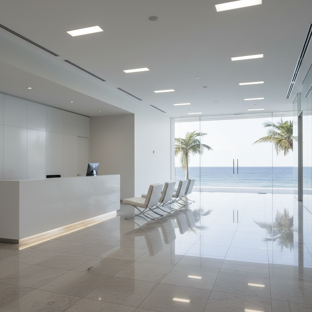 An immaculate modern lobby of a coastal commercial building, presented in clean photographic detail. The polished stone floor reflects overhead recessed lighting with mirror-like clarity, free of streaks or footprints. A sleek reception desk with a flawless white surface stands to one side, accompanied by neatly aligned, minimalist chairs with freshly wiped chrome legs. Through large glass doors at the far end, a hint of blue ocean and palm fronds is visible, slightly blurred. Cool, even artificial lighting and soft natural light from outside combine to create a bright, professional atmosphere. Captured from a slightly elevated angle, the composition uses leading lines from the floor tiles to draw the eye through the pristine space, communicating order, reliability, and meticulous property maintenance.