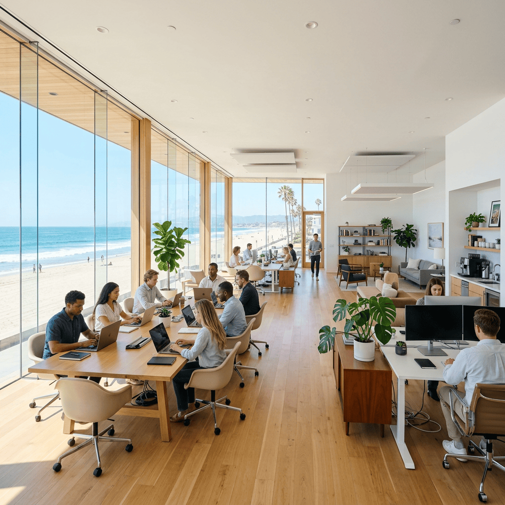People working on laptops in a modern beachfront office with large windows